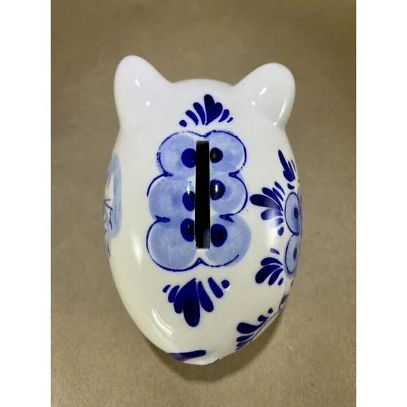 Vtg Hand Painted Delft Blue Small Piggy Coin Bank Holland Collectible w/ Stopper - Picture 9 of 10